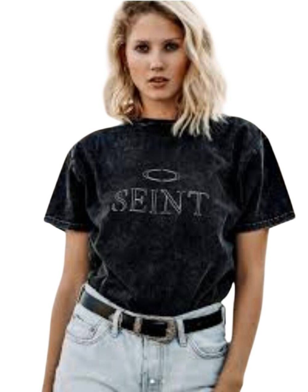 NWT SEINT Beauty Mineral Wash Graphic Tee - Charcoal Grey / Washed Black - Size